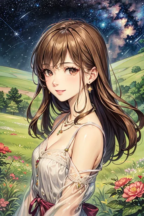 (masterpiece, Highest quality, 8k, Hi-Res), 1 young woman, beautiful face, sharp, beautiful brown eyes, pink lips, Beautiful Nose, Long brown hair, Perfect face , perfect style, smile,  best anime girl , Grassland with forest view, walk, Colorful flowers b...