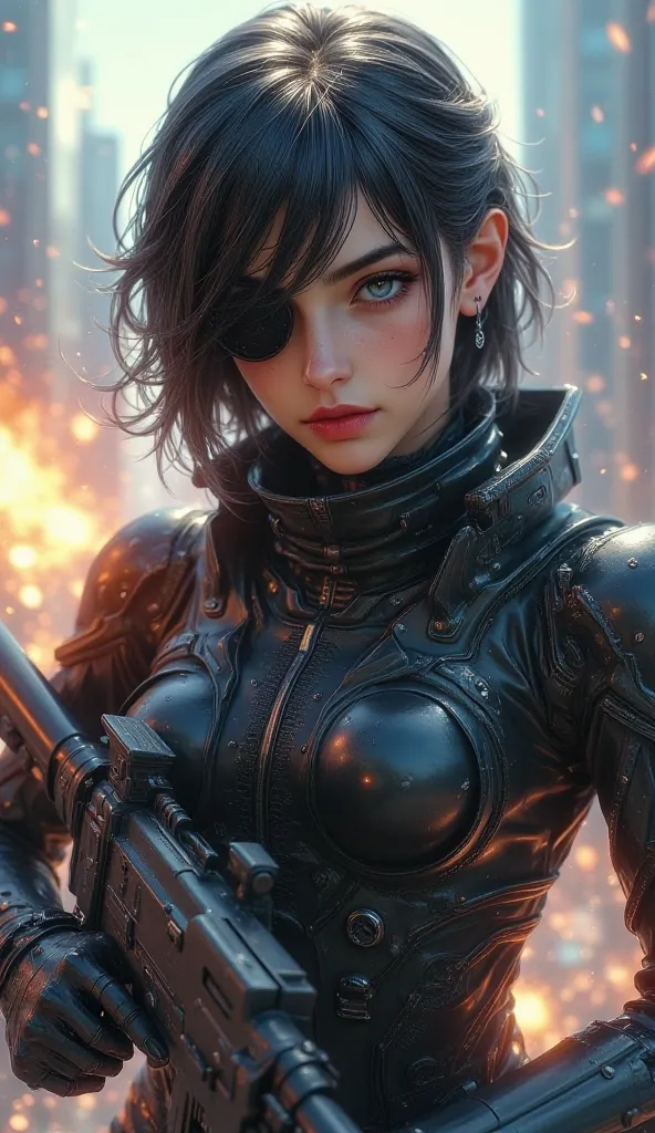 1girl, synthetic body, battle scars, advanced combat armor, holding railgun, visor covering one eye, urban battlefield, sci-fi warzone, explosion in background, high-tech weaponry, intense expression, power stance, science fiction aesthetics, masterpiece, ...