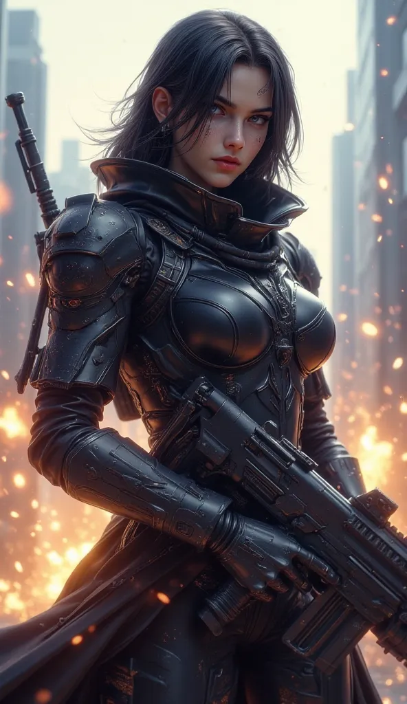 1girl, synthetic body, battle scars, advanced combat armor, holding railgun, visor covering one eye, urban battlefield, sci-fi warzone, explosion in background, high-tech weaponry, intense expression, power stance, science fiction aesthetics, masterpiece, ...