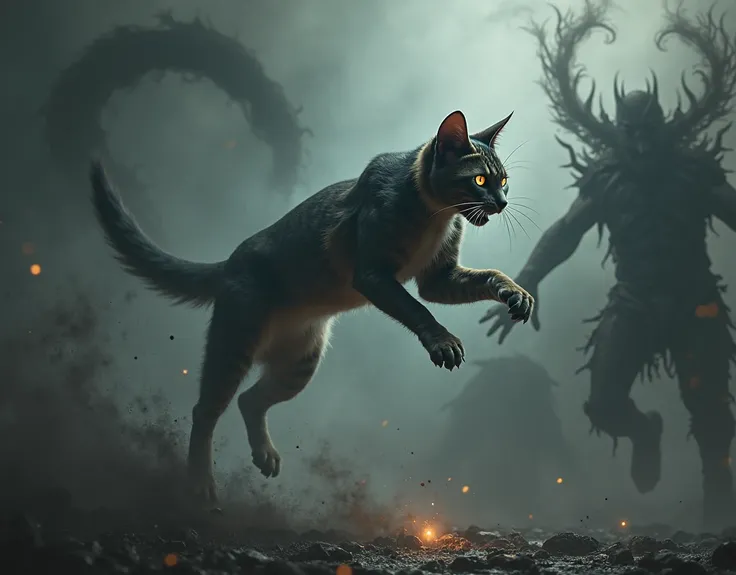 A cat jumps and trying to catch negative dark demonic smoky creatures ,realistic.