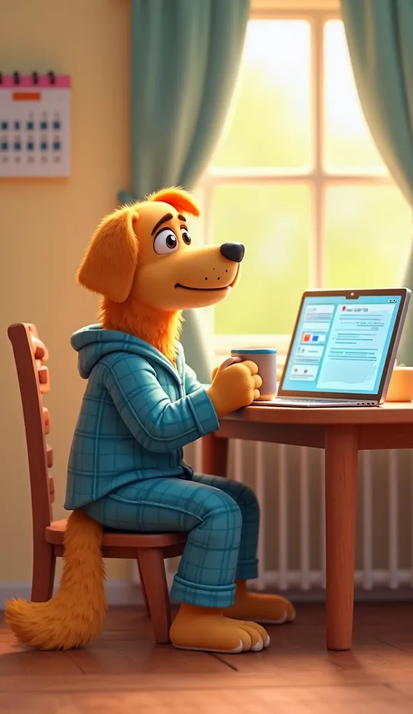 The same golden retriever sits at a small kitchen table, still in his blue plaid pajamas. He holds a coffee mug in one paw, staring at a laptop screen. His eyes are tired, bags under them. The laptop screen displays an inbox overflowing with unread emails....