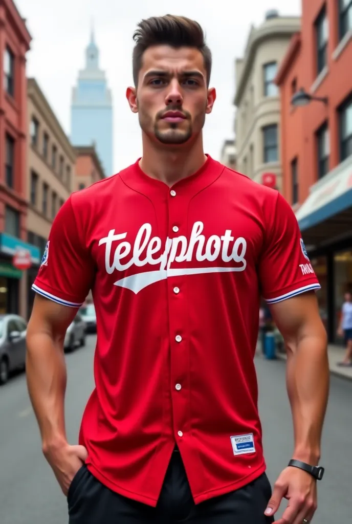 A red baseball jersey that says “telephoto” on the front in Spanish
