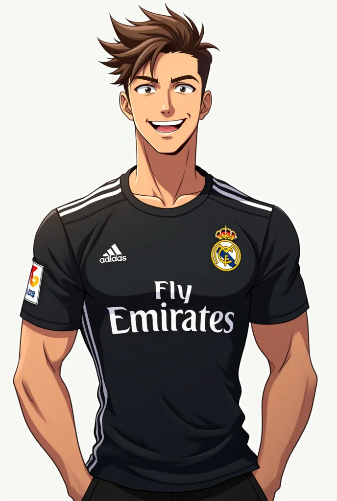 Make him taller with a brown hair and more muscler boy,wearing a real madrid black shirt,smiling cocky,a ,blue lock anime style