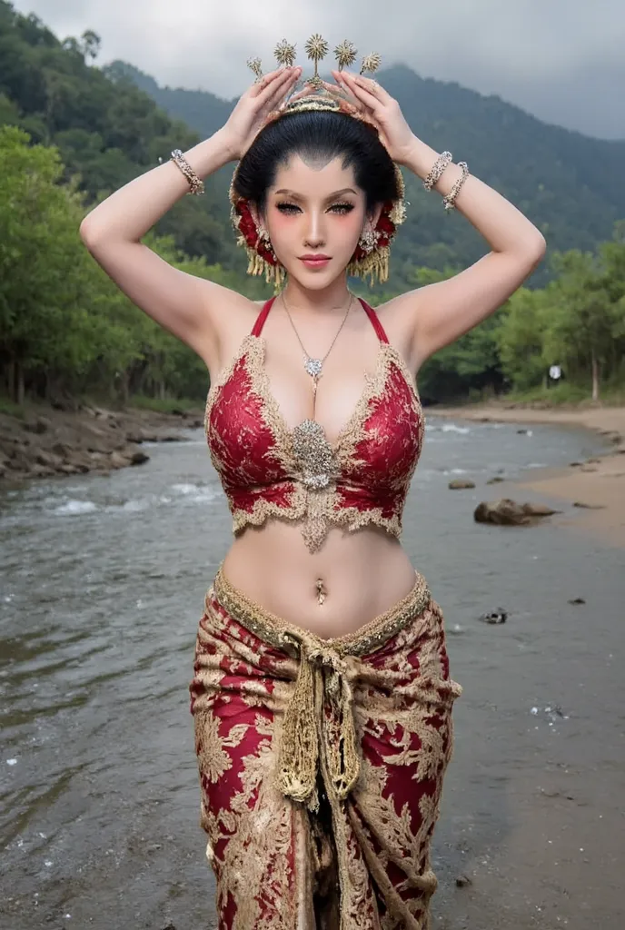  woman in traditional traditional Javanese traditional dress classic Javanese batik sarong.  silver , cuffs, collar, NSFW_ Raise both your arms behind the head.  Raise both your armpits  .  Behinde the head .  Show the texture of your armpits .  in front o...