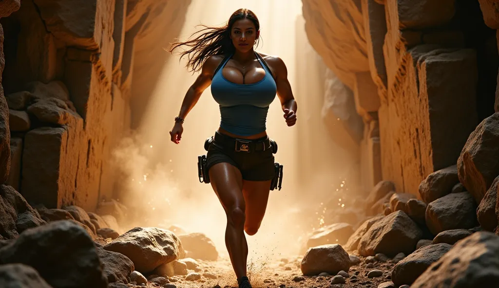 Lara Croft sprints through a crumbling ancient cave, her muscular body fully engaged in the desperate escape. Her huge breasts bounce slightly with each powerful stride, her toned arms pumping as she dodges falling debris. Her thick, muscular thighs flex i...