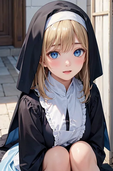  8k resolution,((Highest quality)),super high definition, Adult Female, alone,  sexy, (embarrassed expression), (blue eyes), beautiful symmetrical face, ( straight long blonde hair ), Nun's Robe , lace long skirt,Veil,realistic:1.4,realistic:1.4,(masterpie...