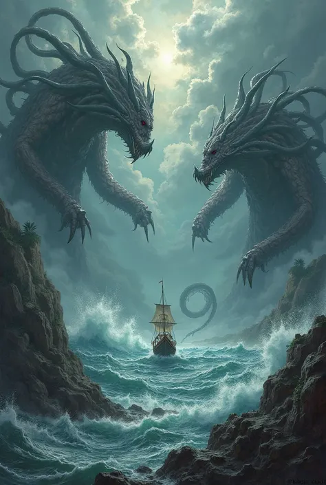 Scylla, charybdis, and odyssey  create an landscape image
