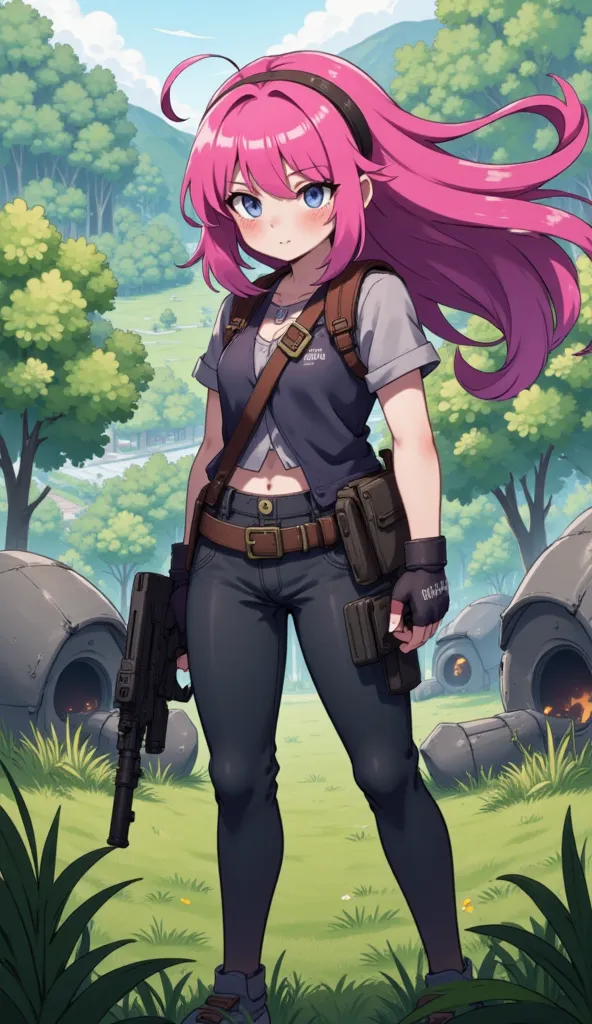 soldier, Young girl, Green set, Holding a gun,  war ,  full body , fight, My hair is shaking.,  Pink Hair