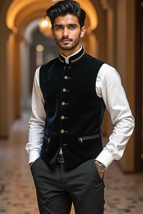 A Pakistan beautiful stylish man 20 years white skin and Black hair and white shining formal wedding shirts full sleeve white and black velvet  waistcoat and Black tie and black formal velvet pant and black shining boots full outfits standing Man high qual...