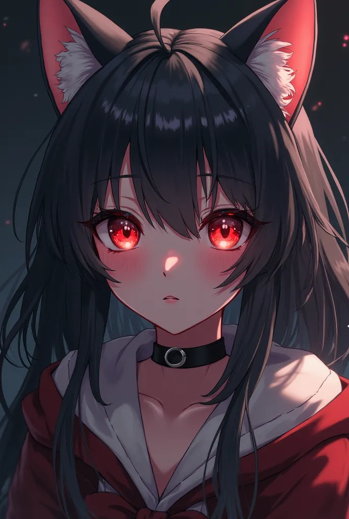 Anime cat girl demure dark, red eyes closer shot