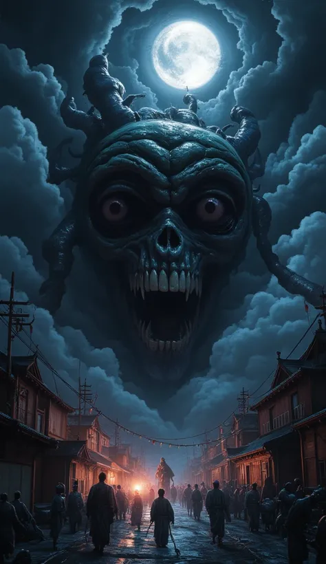 Epic and terrifying illustration. A moonless night, beneath a sky filled with rolling black clouds. Gashadokuro, a colossal skeletal spirit with empty eye sockets, towers over a sleeping Japanese village. Its enormous skull gleams in the distant torchlight...