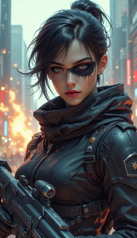 1girl, synthetic body, battle scars, advanced combat armor, holding railgun, visor covering one eye, urban battlefield, sci-fi warzone, explosion in background, high-tech weaponry, intense expression, power stance, science fiction aesthetics, masterpiece, ...