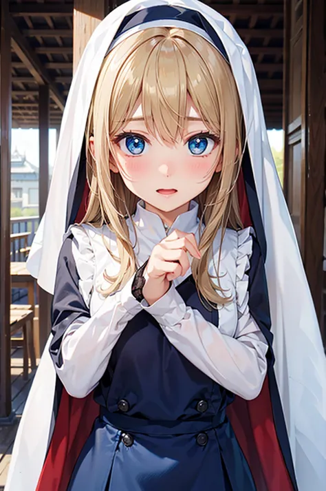  8k resolution,((Highest quality)),super high definition, Adult Female, alone,  sexy, (embarrassed expression), (blue eyes), beautiful symmetrical face, ( straight long blonde hair ), Nun's Robe , lace long skirt,Veil,realistic:1.4,realistic:1.4,(masterpie...