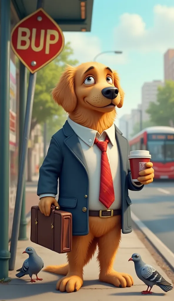 The golden retriever, now dressed in a slightly wrinkled white shirt, red tie, and navy blue blazer, stands at a bus stop. He holds a briefcase in one paw, coffee tumbler in the other. The bus stop sign is crooked, and a distant bus approaches. His express...