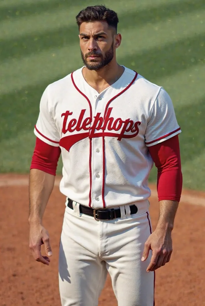 A white baseball jersey with red letters reading “telephoto”