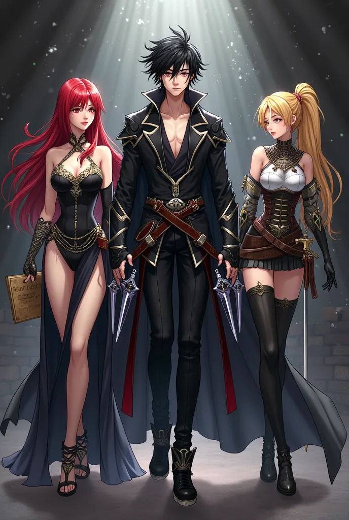 An anime-style illustration featuring a 16-year-old-looking male assassin with messy black hair and sharp eyes. He wears a sleek, black assassin outfit with silver accents, designed for agility, with a long flowing cloak. In his hands, he wields two ornate...