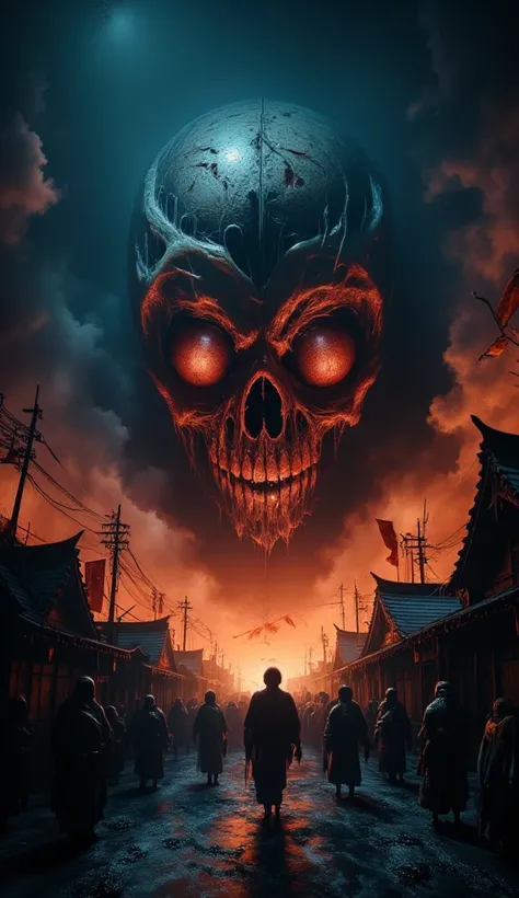 Epic and terrifying illustration. A moonless night, beneath a sky filled with rolling black clouds. Gashadokuro, a colossal skeletal spirit with empty eye sockets, towers over a sleeping Japanese village. Its enormous skull gleams in the distant torchlight...