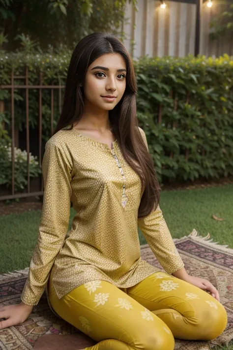 Beautiful ,23 years young girl healthy,confident looking,8k,realistic,dark brown hair,fair skin, indian,long hair,clear facial features, wearing Mustard printed kurta with leggings, sitting on lawn, Outdoor garden hot girl 