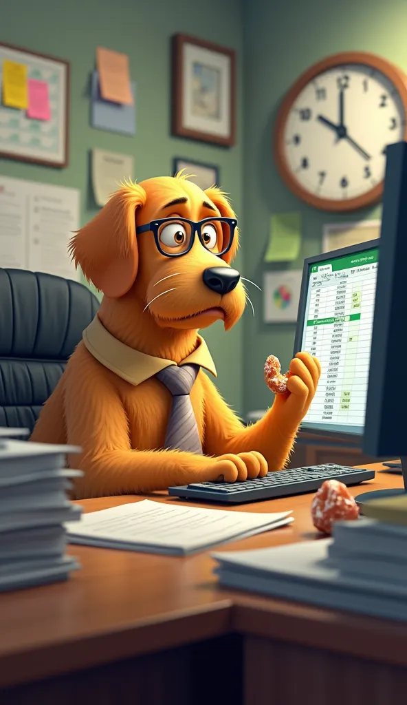 The golden retriever sits at a cluttered cubicle desk surrounded by stacks of papers and sticky notes. His tie is slightly loosened, glasses perched low on his snout. He types on a keyboard with one paw while holding a half-eaten donut in the other. His co...