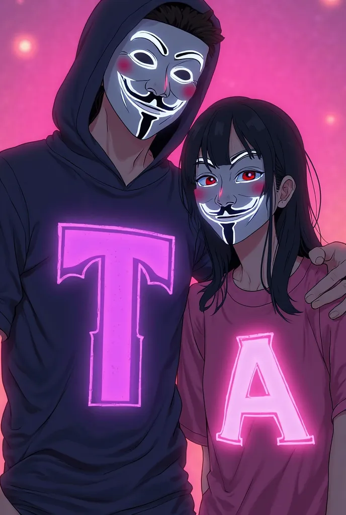 An anime couple wearing Anonymous masks the boy has the purple letter T on the t-shirt with the white neon border and the letter A on the pink t-shirt with the white neon border and the background is all beautiful and purple