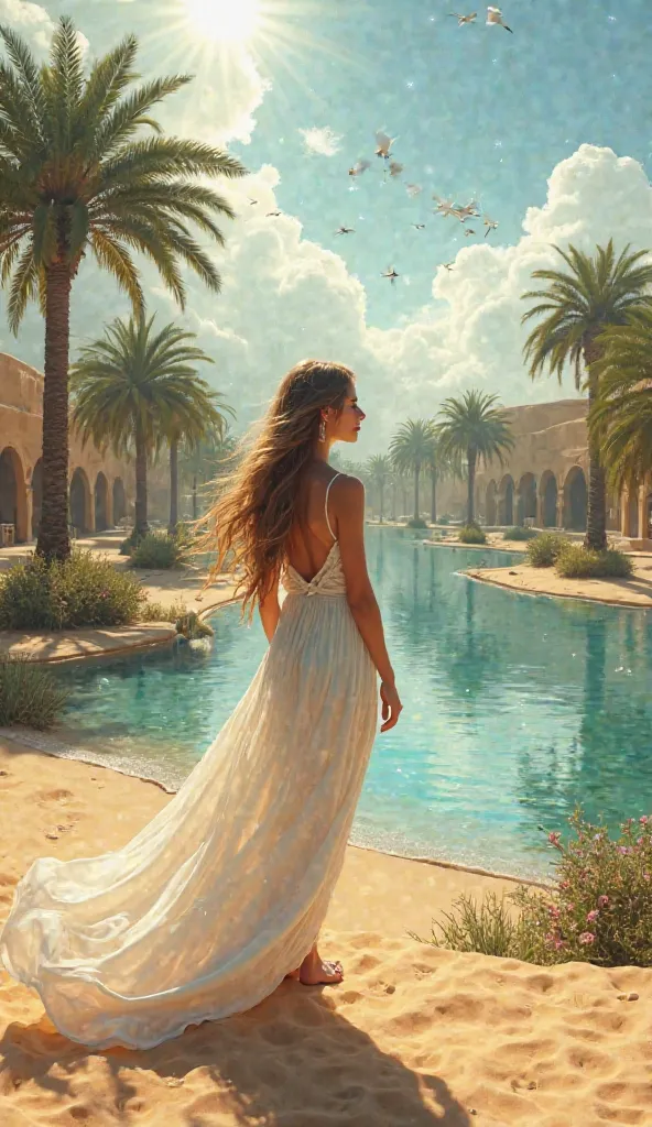 Imagine a girl, standing on the warm sand of the desert in a white dress, which glows against the background of a bright oasis. Her long hair is loose, and a light dress flows in the wind, Like the cloud, reflecting the light of the bright sun. 

Behind he...