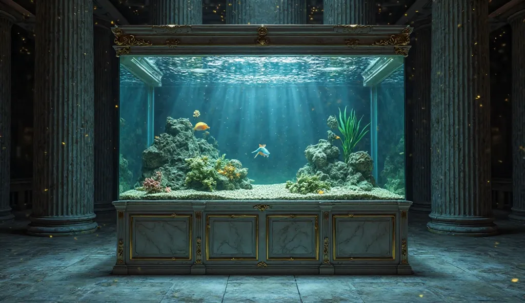 In the middle of the night,A large masonry and gold fish tank with a very nice appearance, but there's nothing in the fish tank
