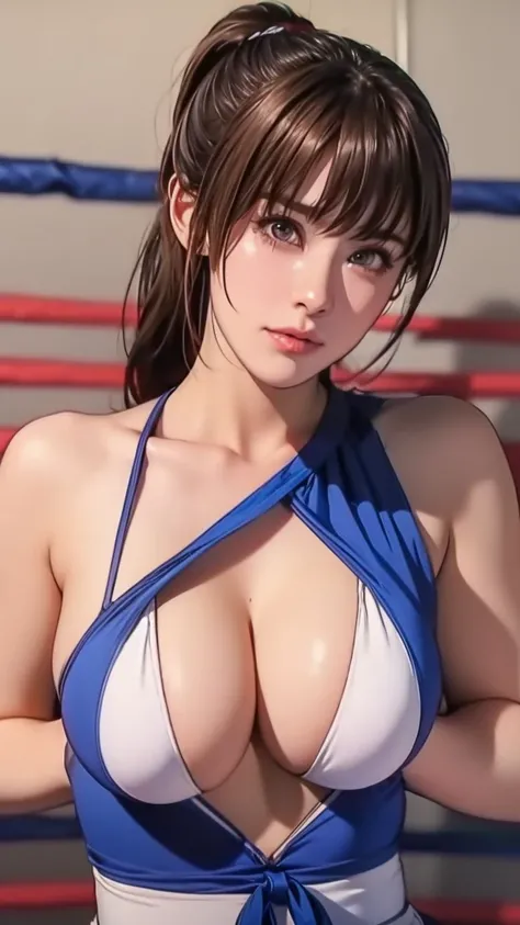 boxing ring、   ponytail、  Dead or Alive Haze    ,    perfect style  ,(   very detailed),(  masterpiece), (    high solubility), Extra Large 、  hair,   masterpiece、Age 25、     expression of pain   、Your face is red     ...（big breasts :1.1）（  high school gi...