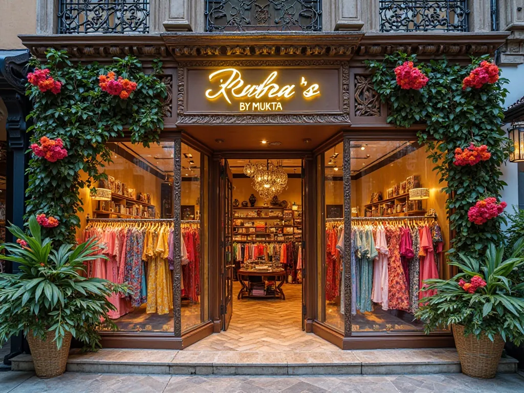 A picture of a large shop called "Roha's by Mukta", where many beautiful Bangladeshi clothes will be sold. There will be no pictures of people displayed in front of the shop.