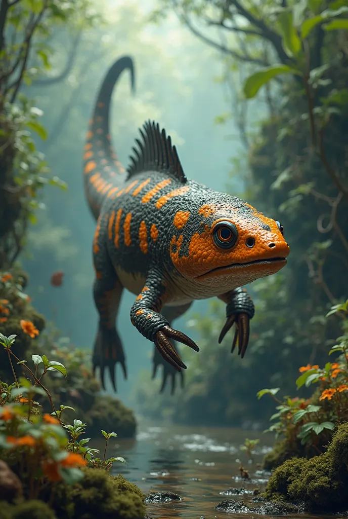 A dinosaur that looks like a black and orange striped loach with dinosaur body 