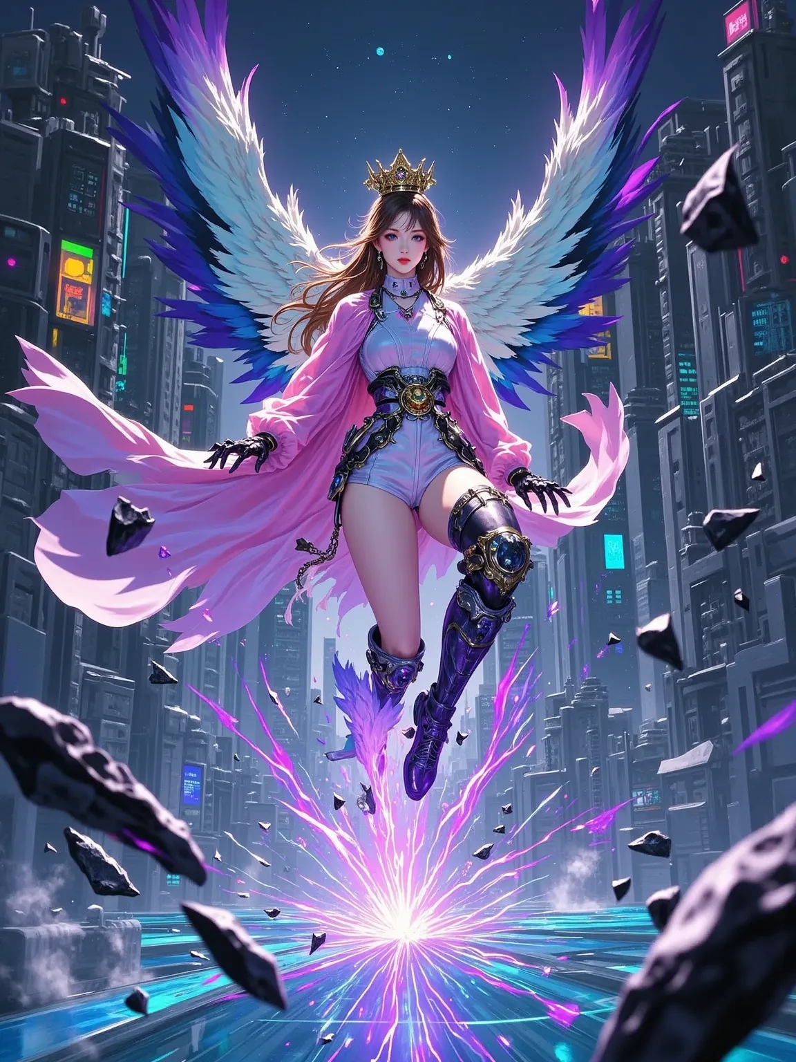 A young woman floats in the center of an inverted pyramid-shaped holographic training ground, her nano-material rose-colored cloak billowing in the data stream. Beneath her feet, a constantly reconfiguring polygonal energy matrix shifts, the cloud patterns...