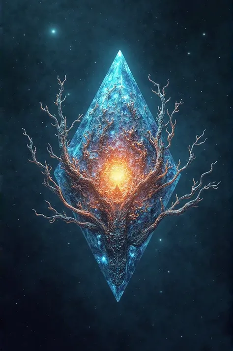 "A celestial gemstone slowly rotates in a void of dark matter, its glowing fractal core pulsating with rhythmic energy. Bioluminescent vines, etched with nanoscale alien glyphs, sway as if caressed by an unseen cosmic force. Ethereal light shifts across it...