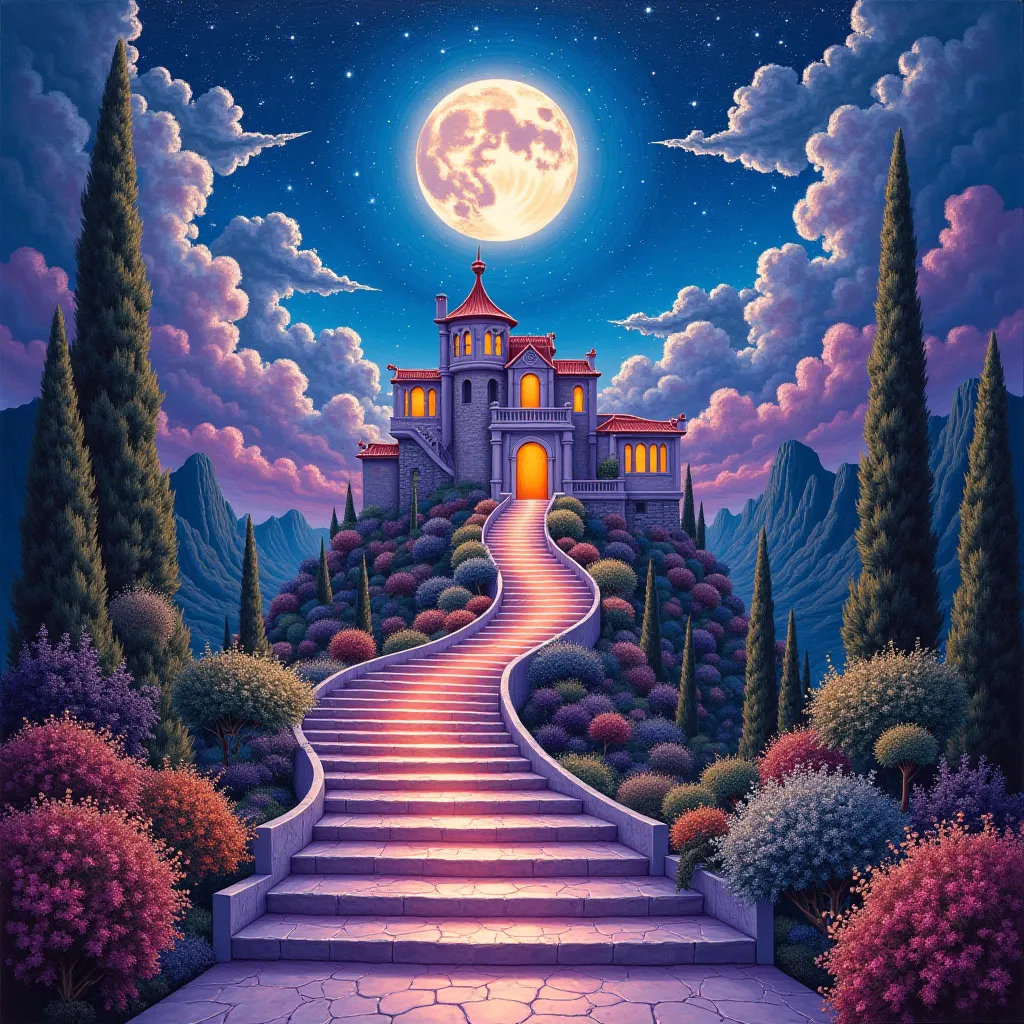 a sparkling stairway leading to a glowing night sky, a surrealist painting, inspired by Evgeny Lushpin, swirling gardens, in front of a fantasy city, inspired by Dan Mumford and Albert Bierstadt,  romanticist oil painting, masterpiece oil on canvas, stairs...