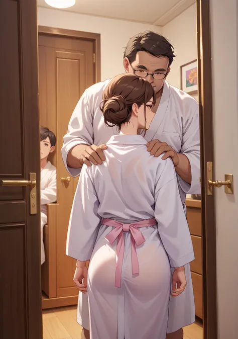 open the door,Gangbang,nsfw,,bedroom,1 girl,low bun,brown hair,brown eye,short hair,swept bangs,her eyelids heavy,,,,nsfw,fat middle age men,FATMEN ,fat old man,white bathrobe, dark,walk,bathrobe old man, expressionless, back view,erection under clothes,ha...