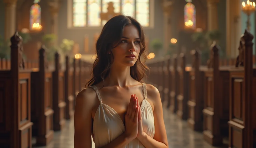 a beautiful woman sitting gracefully in a church, prayingdetailed portrait of a woman,elegant woman,graceful pose,praying in church,stained glass windows,sunlight streaming in,pews in background,religious atmosphere,serene expression,hands clasped,high det...