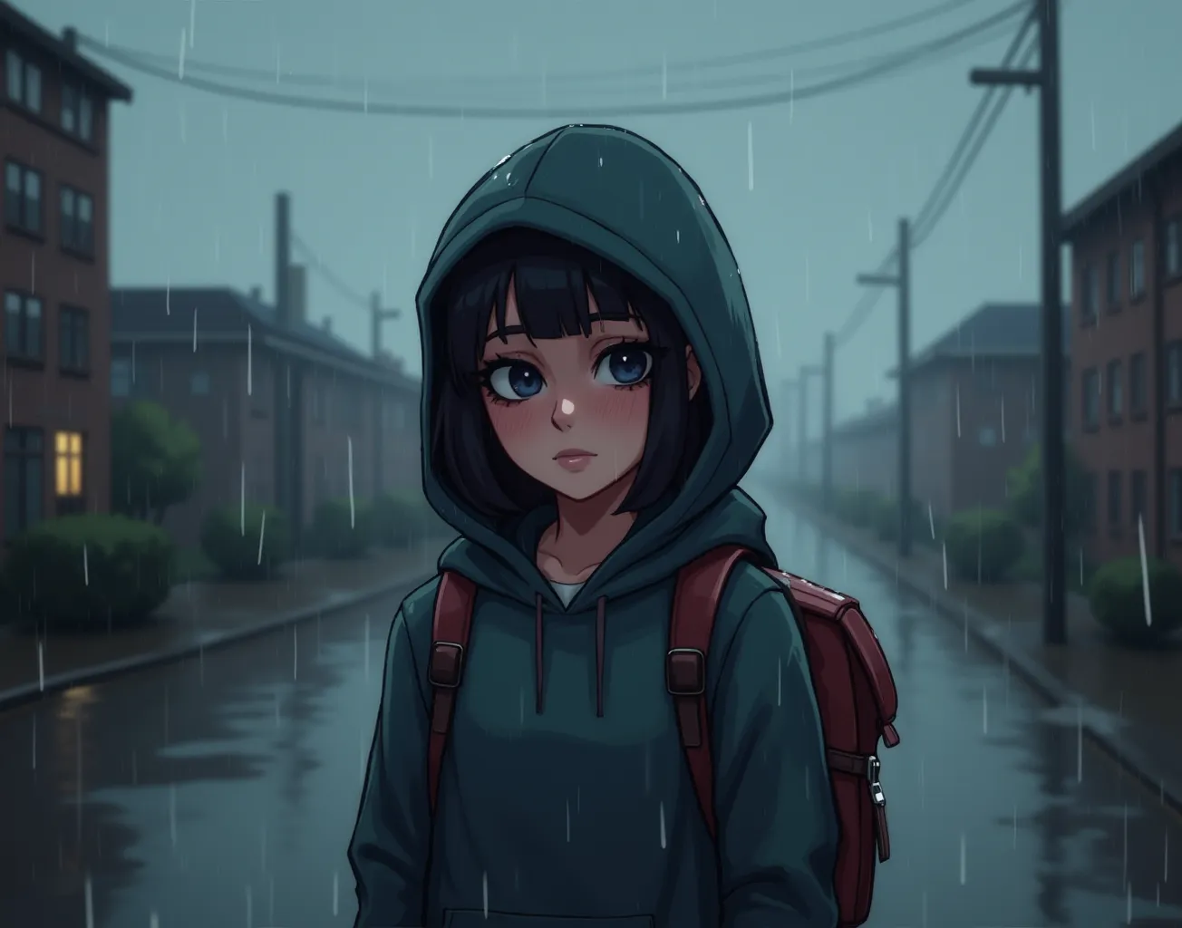 1 girl under the rain, wearing a hoodie, with a backpack, sad face, 