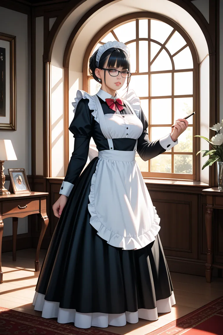 one girl、older sister、maid outfit、long skirt with low skin exposure、Glasses、long black hair、 Bbo~、 puffy lips、Bow、 looks good