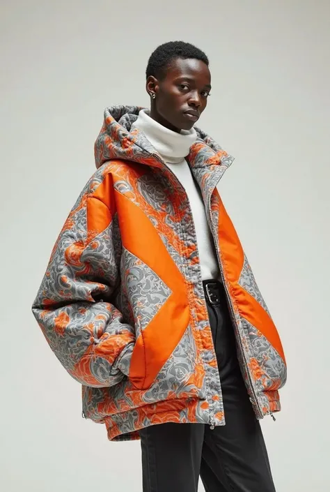 White oversized jacket with orange and grey with symmetric prints 