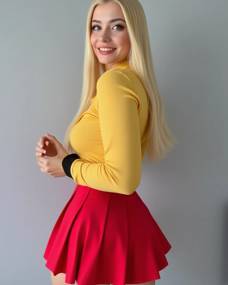 A beautiful (straight blonde hair) young woman wearing a sexy yellow colour with "Zyn Aura" in big center school uniform, pleated red mini skirt, in indoor confidence Standing posing, vibrant smile, slender curvy glamorous figure, blue eyes, hyper-detailed...