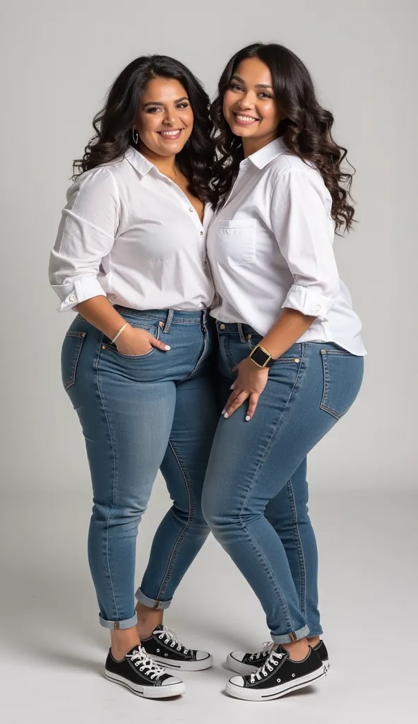 Two curvy chubby full body lesbian mature women posing for full body full body photo, Very smiling and lovers unbuttoned white shirt show us their generous neckline, slim jeans and black Converse All Star Taylor Chuck sneakers 