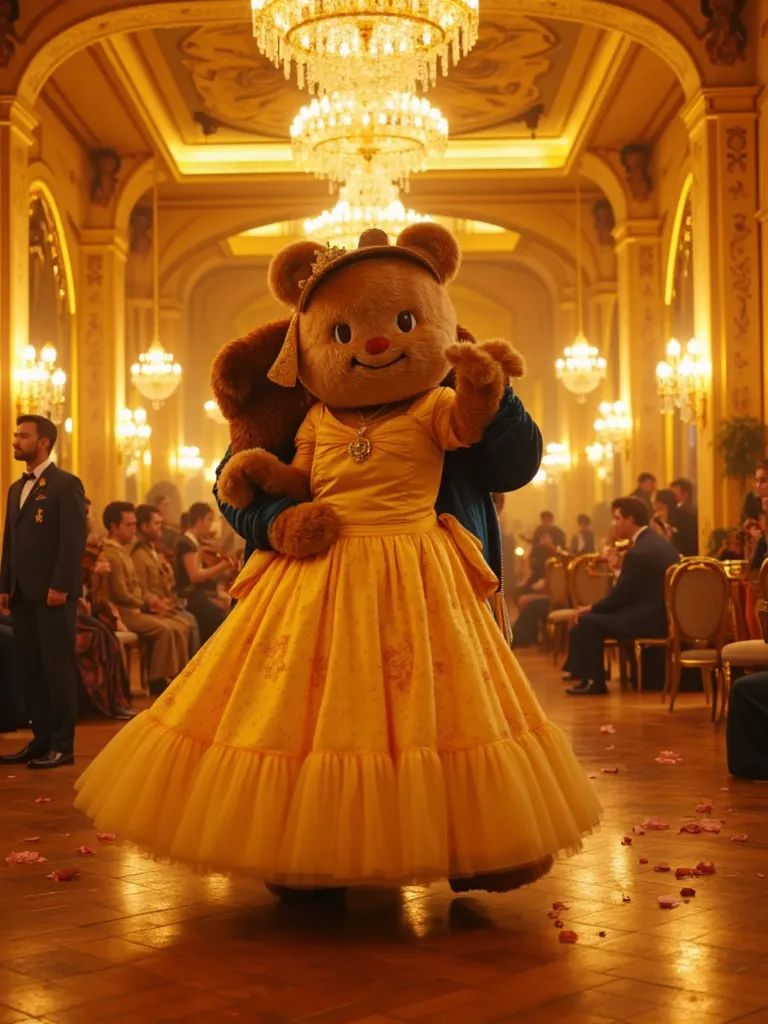 A grand ballroom bathed in golden candlelight, filled with intricate chandeliers and ornate decorations. In the center, Butterbear, an elegant bear mascot with a long, fluffy light brown body, takes on the role of Belle from Disney’s Beauty and the Beast. ...