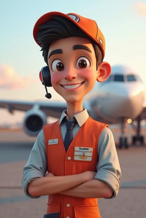 "A highly detailed 3D digital illustration of a charismatic airport worker with expressive cartoonish features, deep eyes, and a warm smile. He wears a stylish airline uniform with a branded cap, a reflective vest, and a headset. His posture is confident a...