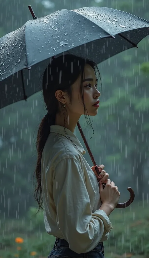 A young woman, standing under an umbrella or in the rain, lost in thought.