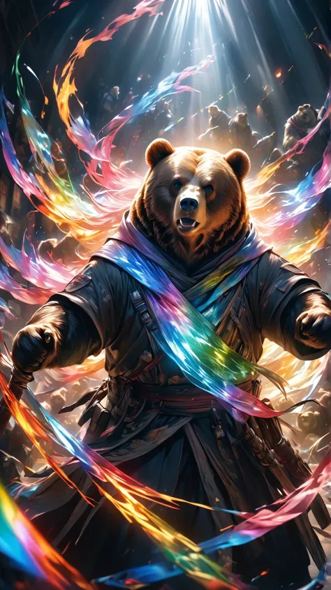 Bear,大地にいる大きなBear, powerful ,god々Shii, Wrapped in Light ,, In the midst of chaos, god々しくgod聖な, realistic, 8k, とてもよく詳Shii, dramatic lighting, Vivid Colors, 超realisticで抽象的な, holographic effect like light