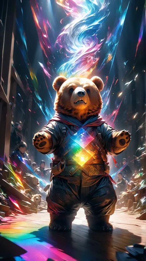 Bear,大地にいる大きなBear, powerful ,god々Shii, Wrapped in Light ,, In the midst of chaos, god々しくgod聖な, realistic, 8k, とてもよく詳Shii, dramatic lighting, Vivid Colors, 超realisticで抽象的な, holographic effect like light