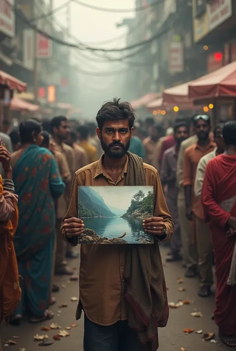 s standing in a long line, holding a photograph of the Ganges River in their hands.