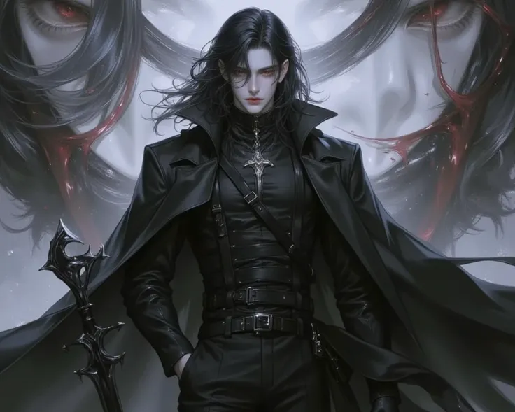  Male,  black hair, red eyes,,  Cult of Manifestation of Power, Emotions, Horizons, Abstracts,  Active Painting , Wear black, , god of death ,  standing, Not smiling, Solo, high definition, 