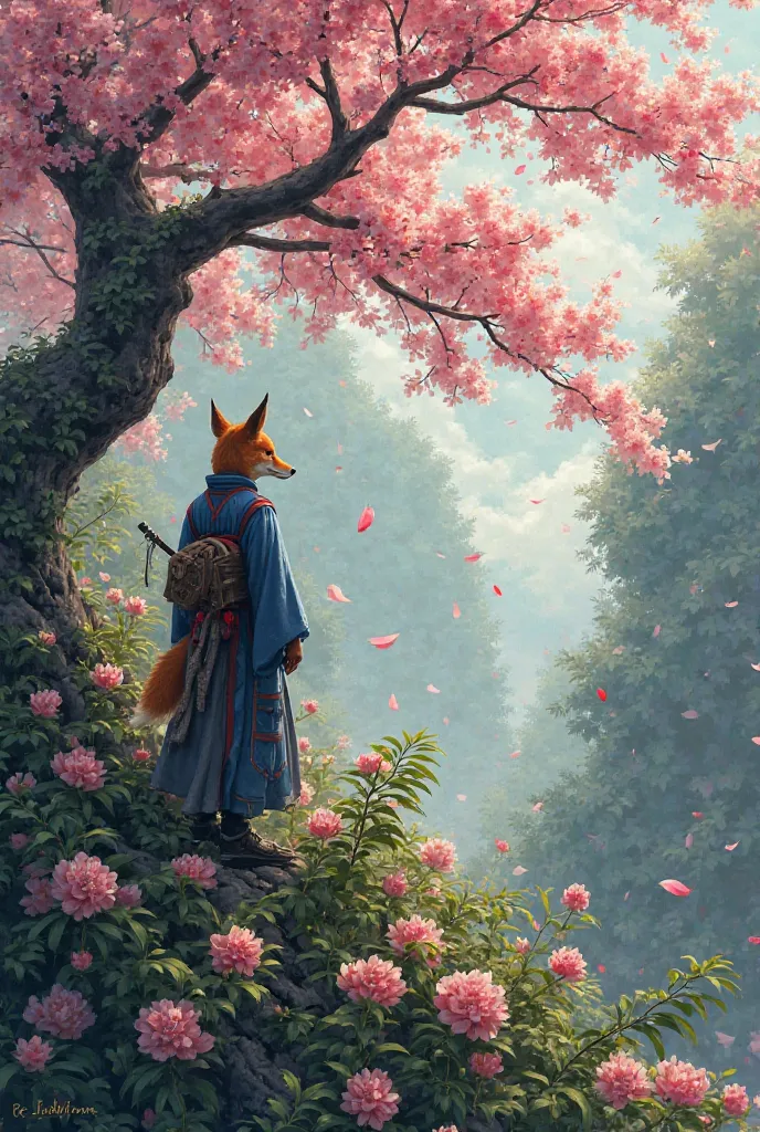 Cherry blossoms unexpectedly bloom alongside wild ferns, their petals drifting in the warm breeze. In the distance, a mysterious warrior with a flowing kimono and a fox mask perches on a tree branch, watching over the jungle