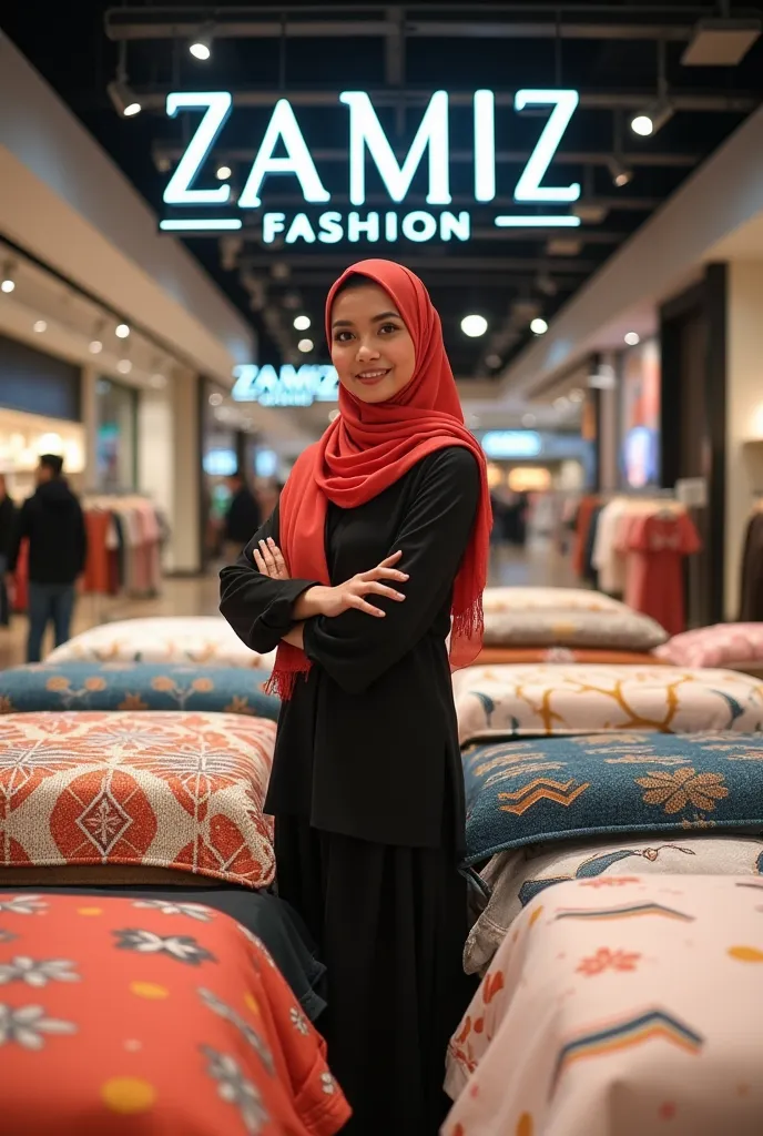  black muslim woman selling 3d stylish bedsheets at a shop with a logo zamiz fashion at the mall