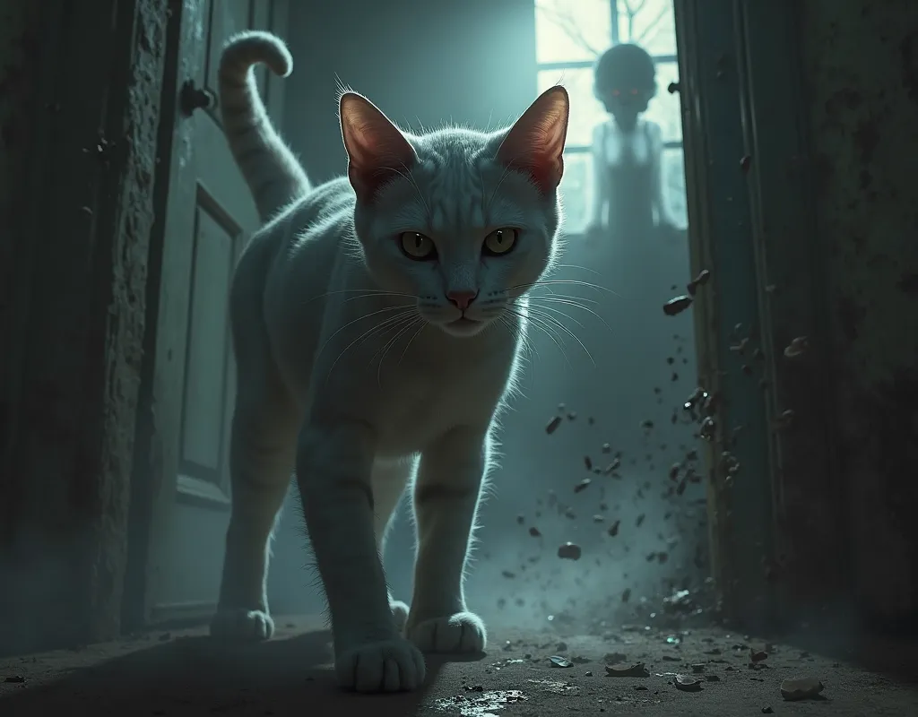 A cat and trying to catch ,negative dark demonic evil beings, inside a house ,realistic.