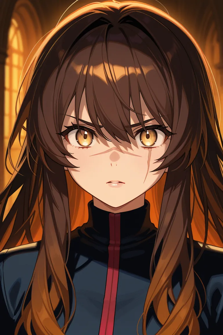  Anime girl, dark brown thick layered hair, caramel highlights, scar across her lips, sharp beige eyes